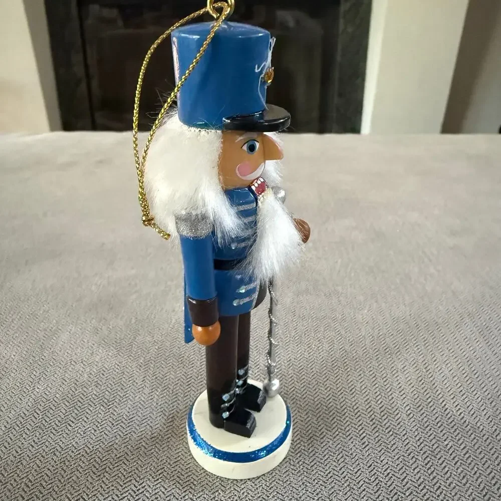 Blue Wooden Nutcracker Christmas Ornament Soldier Sword White Hair Holiday Decor